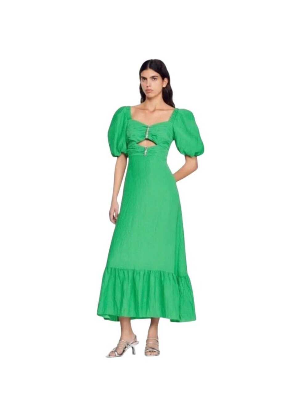 NWT $580 Sandro Falbala Rhinestone Embellished Cutout Midi Dress Green Size 2